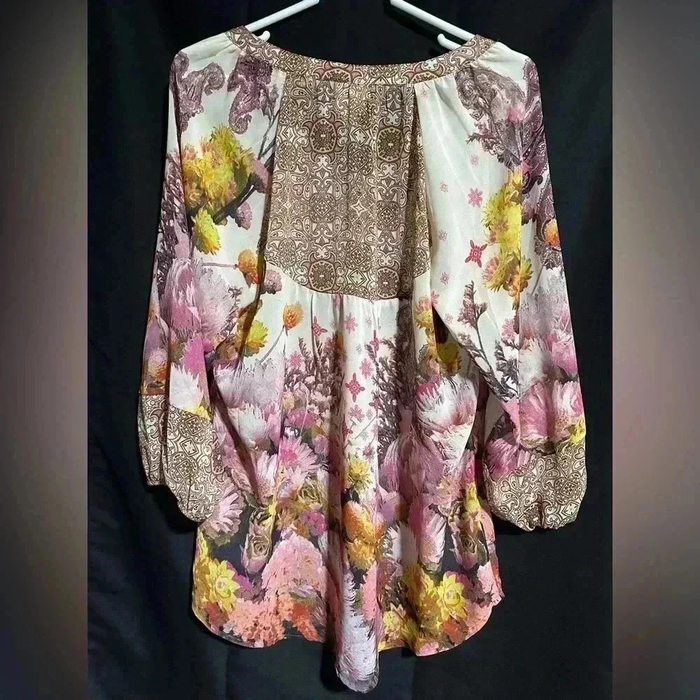 Anthropologie Fig & Flower Sz M Floral Peasant Boho Blouse Shirt Ballon Sleeves